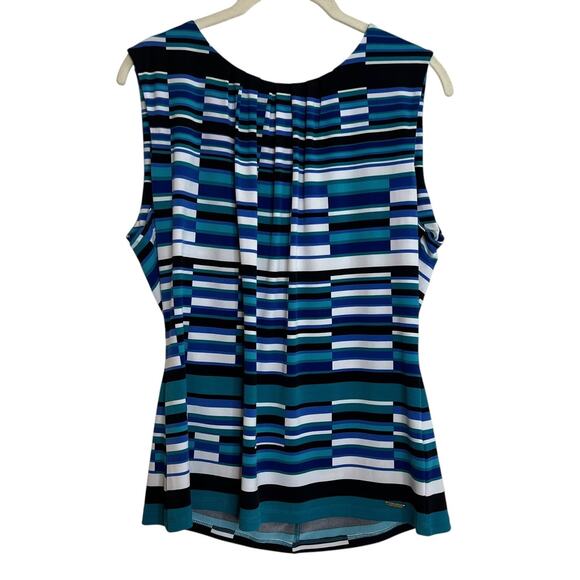Calvin Klein Womens Sleeveless Knit Blouse Large Blue Color Block Pleated Bodice - Picture 1 of 6